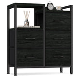 Furnulem 5 Drawer Black Dressers for Bedroom 2 Tier Shelf Storage Small Fabric Dresser for Closet Sturdy Metal Frame Modern Dresser Bedroom Dresser with Drawers for Hallway Rooms Furnulem