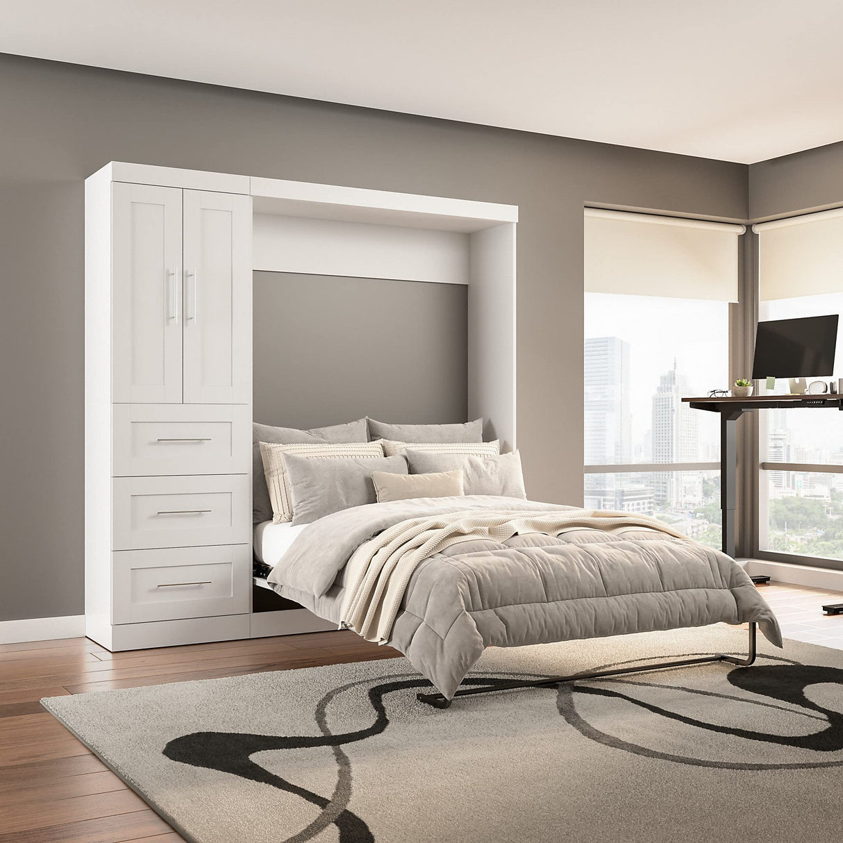 Bestar Pur Full Murphy Bed with Closet Organizer in White - Versatile Space-Saving Solution for Multi-Purpose Rooms Bestar