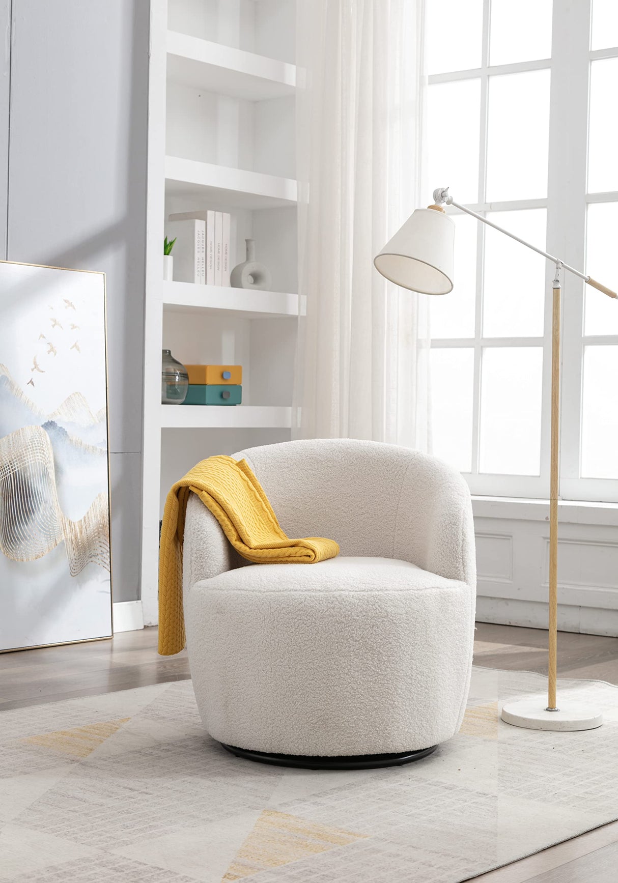 INMOZATA Swivel Barrel Chair, Teddy Fabric Swivel Accent Armchair Barrel Chair with Metal Base, Upholstered Comfy 360°Round Single Reading Chair for Living Room Bedroom,Ivory INMOZATA