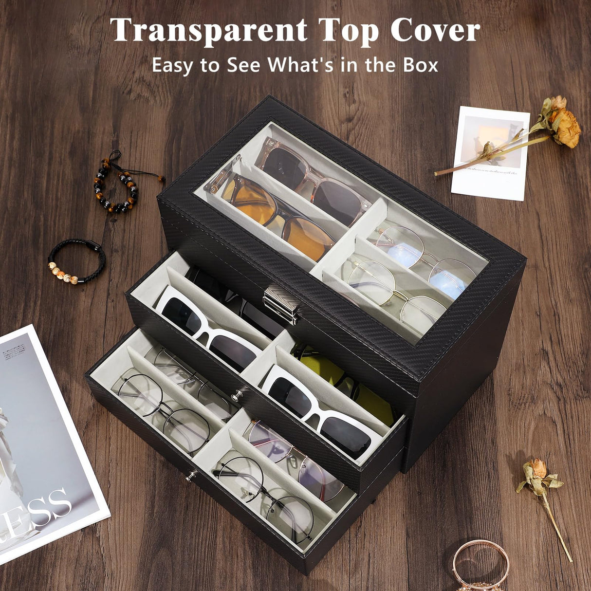 MoKo Sunglasses Organizer with 18 Slots, 3-Layer Leather Sunglass Display Collection Holder Case with Drawer Clear Glass Lid, Lockable Eyeglass Glass Jewelry Watch Storage Box for Women Men, Black MoKo