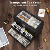 MoKo Sunglasses Organizer with 18 Slots, 3-Layer Leather Sunglass Display Collection Holder Case with Drawer Clear Glass Lid, Lockable Eyeglass Glass Jewelry Watch Storage Box for Women Men, Black MoKo