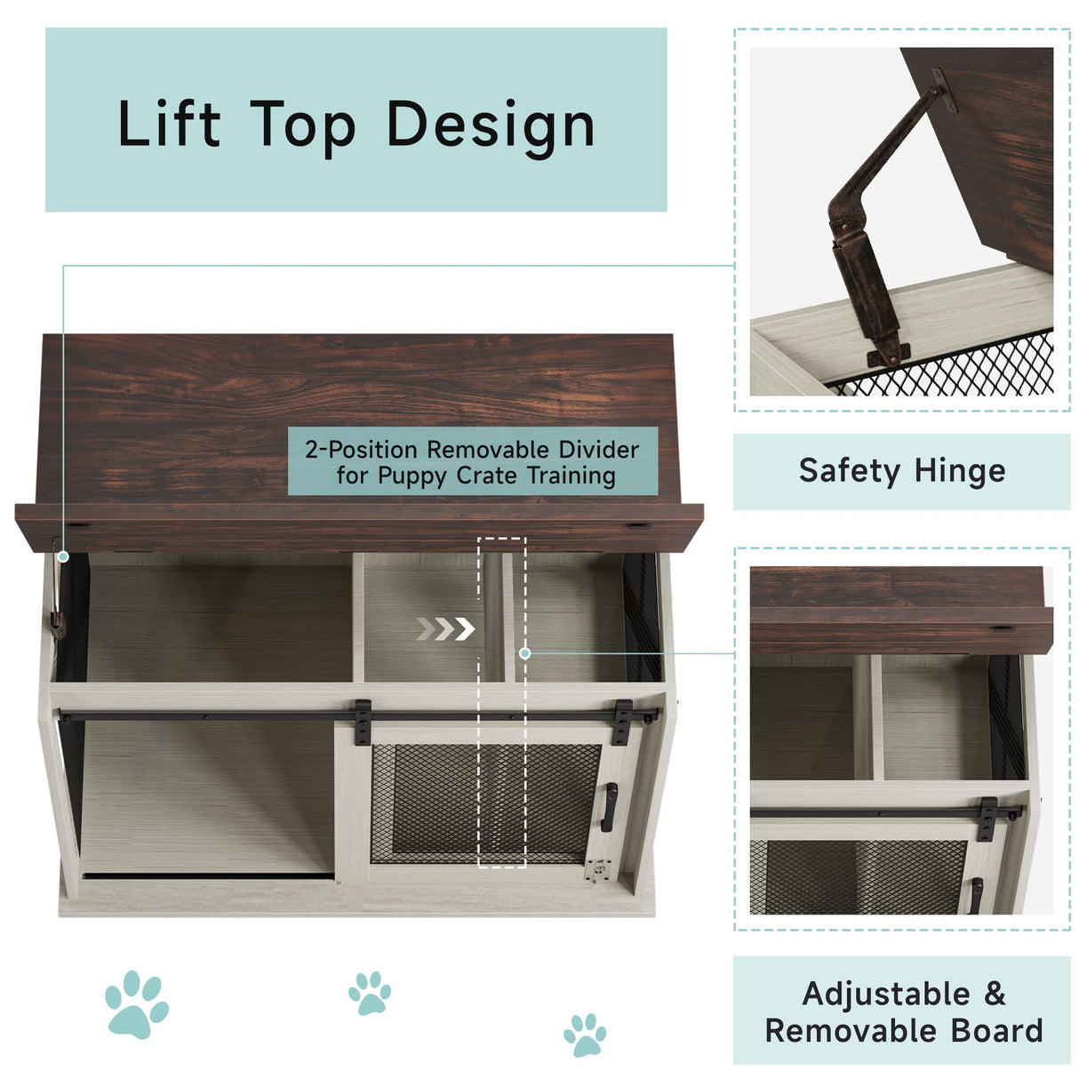 GAOMON 37'' Sliding Barn Door Dog Crate Furniture with Flip Top and Movable Divider, Wooden Dog Crate Table, Dog Kennel Side End Table, Furniture Style Large Dog House, White GAOMON