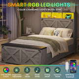 Hasuit Farmhouse Bed Frame Twin Size with Storage Headboard, Charging Station and LED Light, Wooden Twin Bed Frame with Storage Ottoman, Barn Door Design, No Box Spring Needed, No Noise (Oak Grey) Hasuit