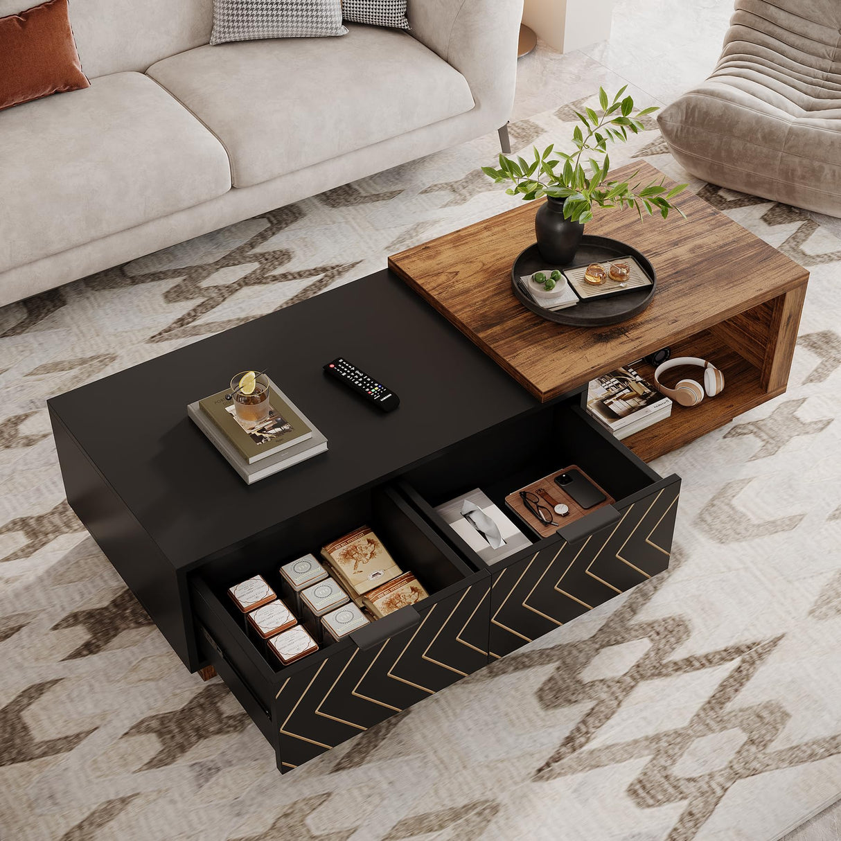 Tribesigns Extendable Coffee Table with 2 Storage Drawers, Dual-Tone Center Table with Sliding Tabletop, Multi-Functional Hidden Storage Wooden Rectangle Cocktail Table for Living Room (Brown & Black) Tribesigns