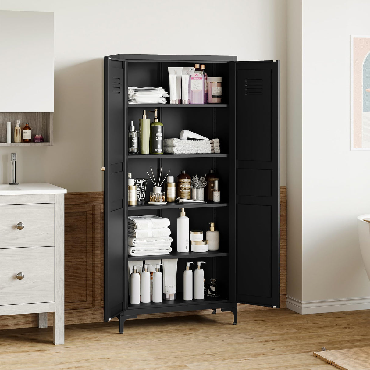 MIIIKO Storage Cabinet with Doors, Metal Pantry Cabinet, Tall Kitchen Storage Cupboard with 4 Shelves, Freestanding Storage Cabinet for Laundry Room, Garage and Bathroom MIIIKO