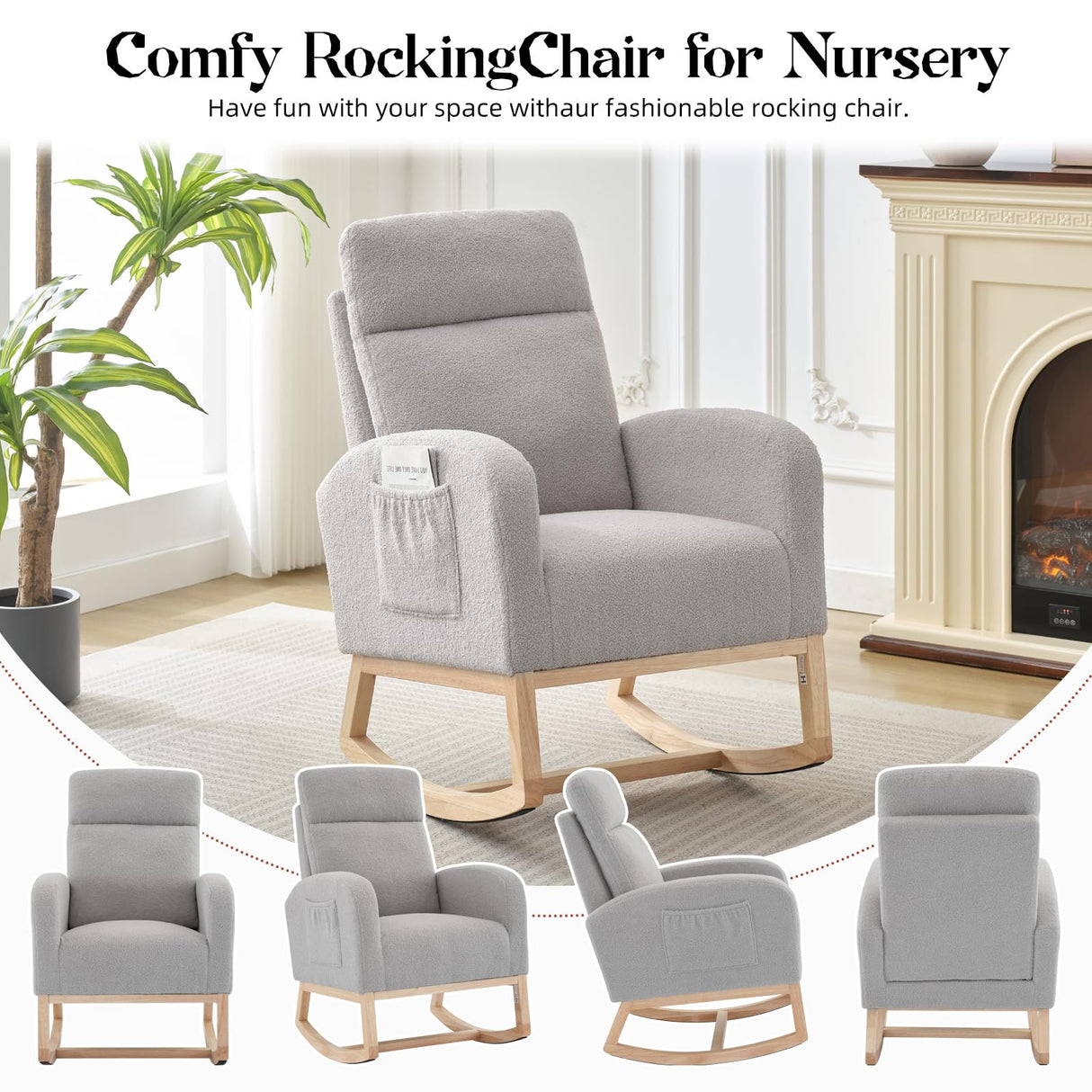 SLEKVERSA Modern Nursery Rocking Chair,Teddy Upholstered Glider with 26" High Backrest, Padded Seat for Living Room, Bedroom, Reading SLEKVERSA