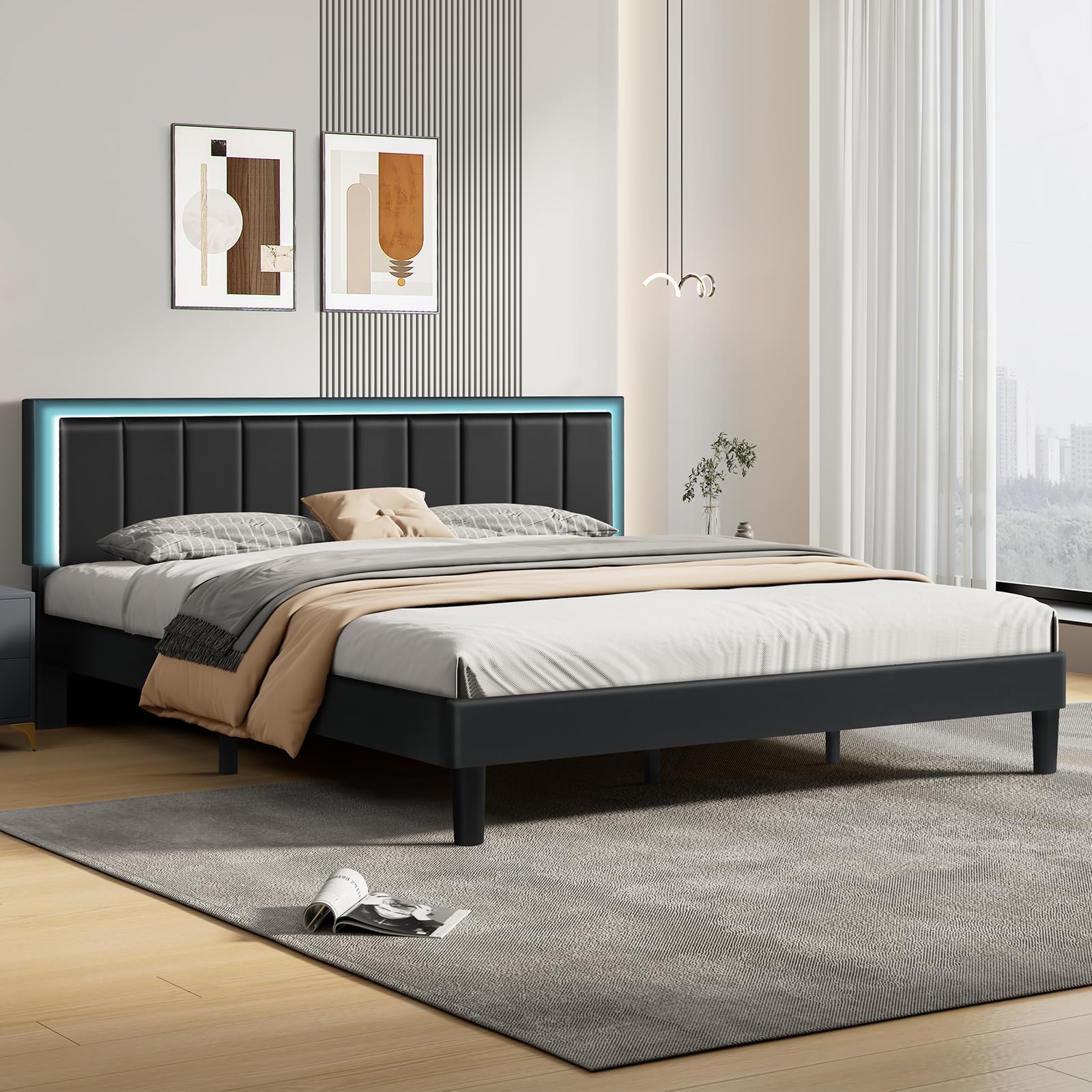 IMMERSTABLE King Size Upholstered Bed Frame with LED Lights and Storage - WoodArtSupply