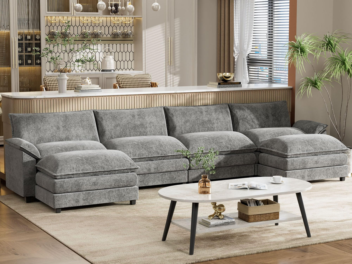 YESHOMY Sectional Modular Sofa U Shaped Chenille Fabric Couch with High Supportive & Soft Sponges and Removable Ottoman, Sleeper Comfy Upholstered Furniture for Living Room, Grey