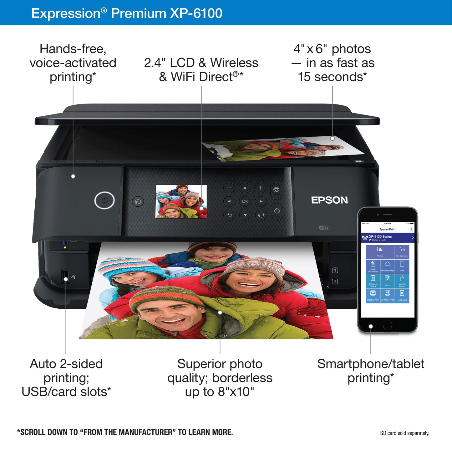 Epson Expression Premium XP-6100 Wireless Color Photo Printer with Scanner and Copier, Black, Medium