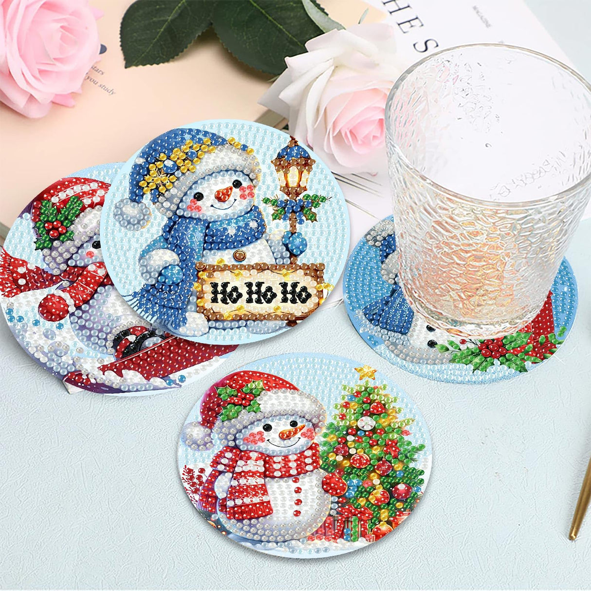 8 PCS Christmas Diamond Art Coasters Kit, Snowman Diamond Painting Coasters with Holder, Winter Diamond Art Kits for Adults Beginners, Arts and Crafts Supplies tigdtiu