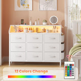 Lulive White Dresser for Bedroom 9 Drawers - Fabric Dressers for Bedroom with LED Light & Charging Station - Kids Adults Chest of Drawers for Living Room Hallway Closet Nursery (White) Lulive