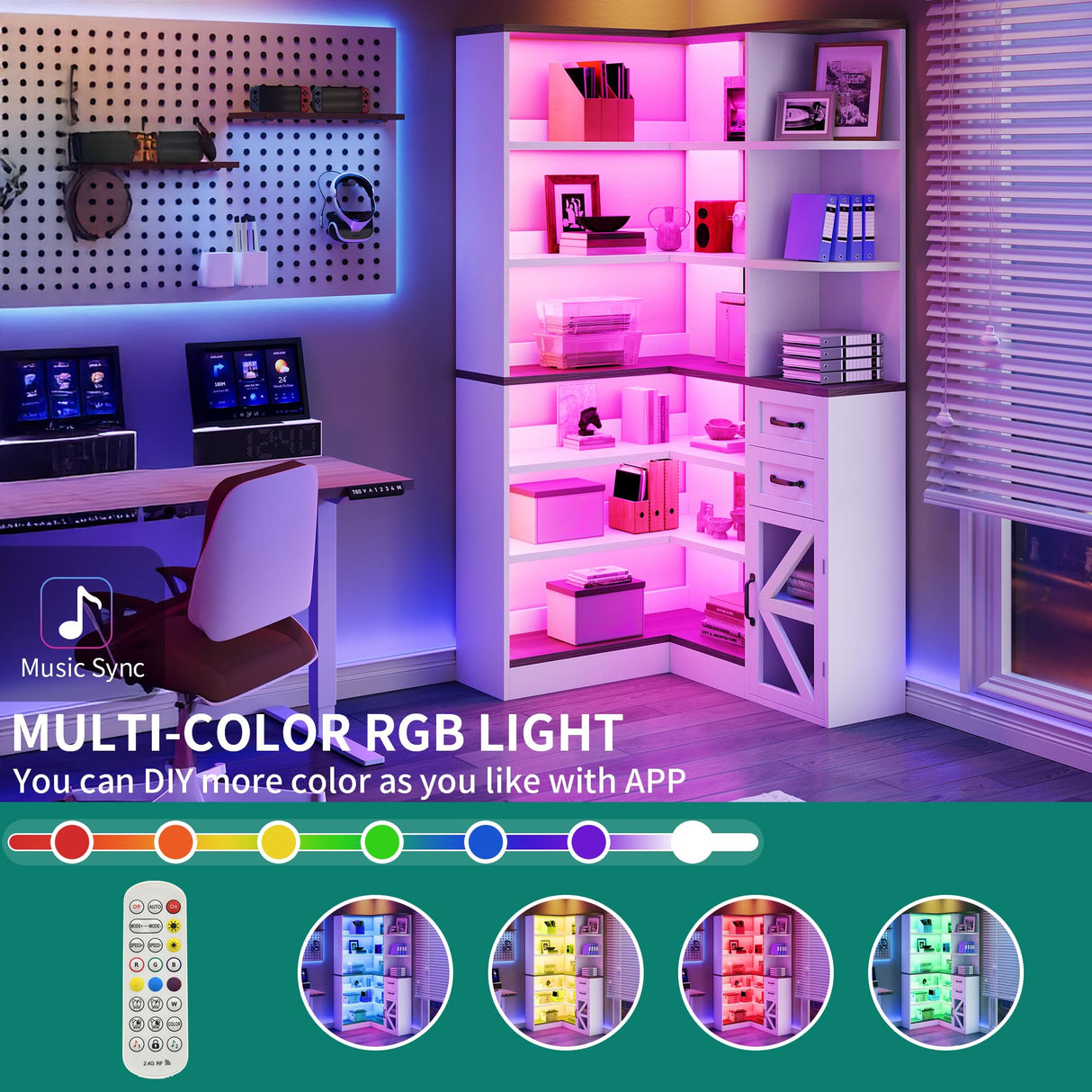 YITAHOME Corner Bookshelf with Storage, Farmhouse 6-Tier Bookshelf with Drawers and Cabinets, L-Shaped Bookcase LED Lights Corner Display Shelf for Home Office, Living Room, Bedroom YITAHOME