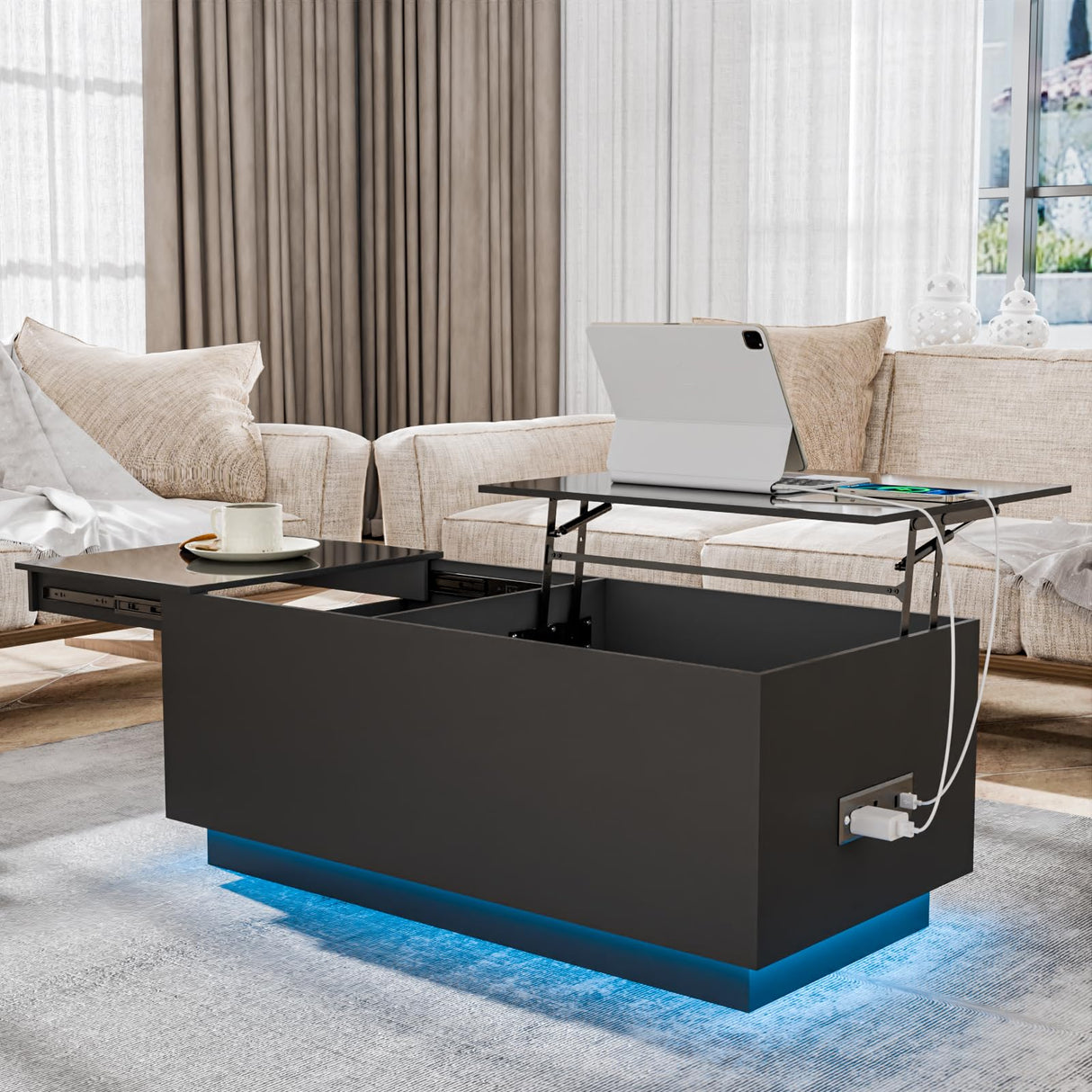 HOMMPA LED Coffee Table for Living Room Lift Top Coffee Tables with Power Outlet Black Morden Center Table with Storage Hidden Compartment High Gloss Lift Tabletop HOMMPA
