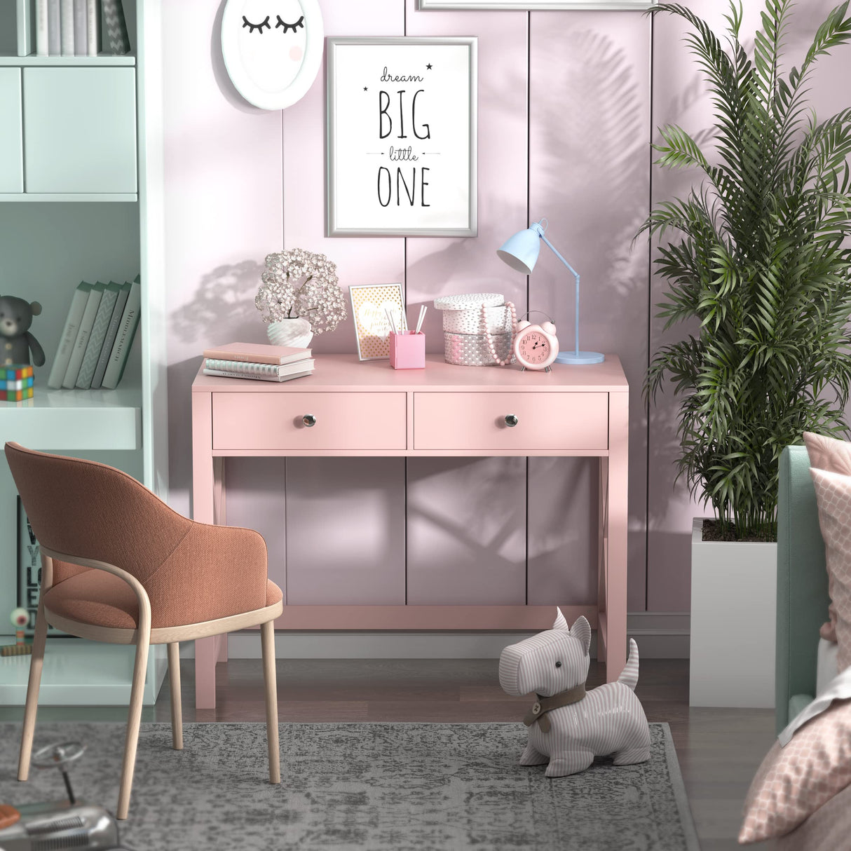 WiberWi Home Office Desk with Drawers, Modern Writing Computer Desk for Bedroom, Small Pink Makeup Vanity Table Desk for Girls, Study Table for Home Office WiberWi