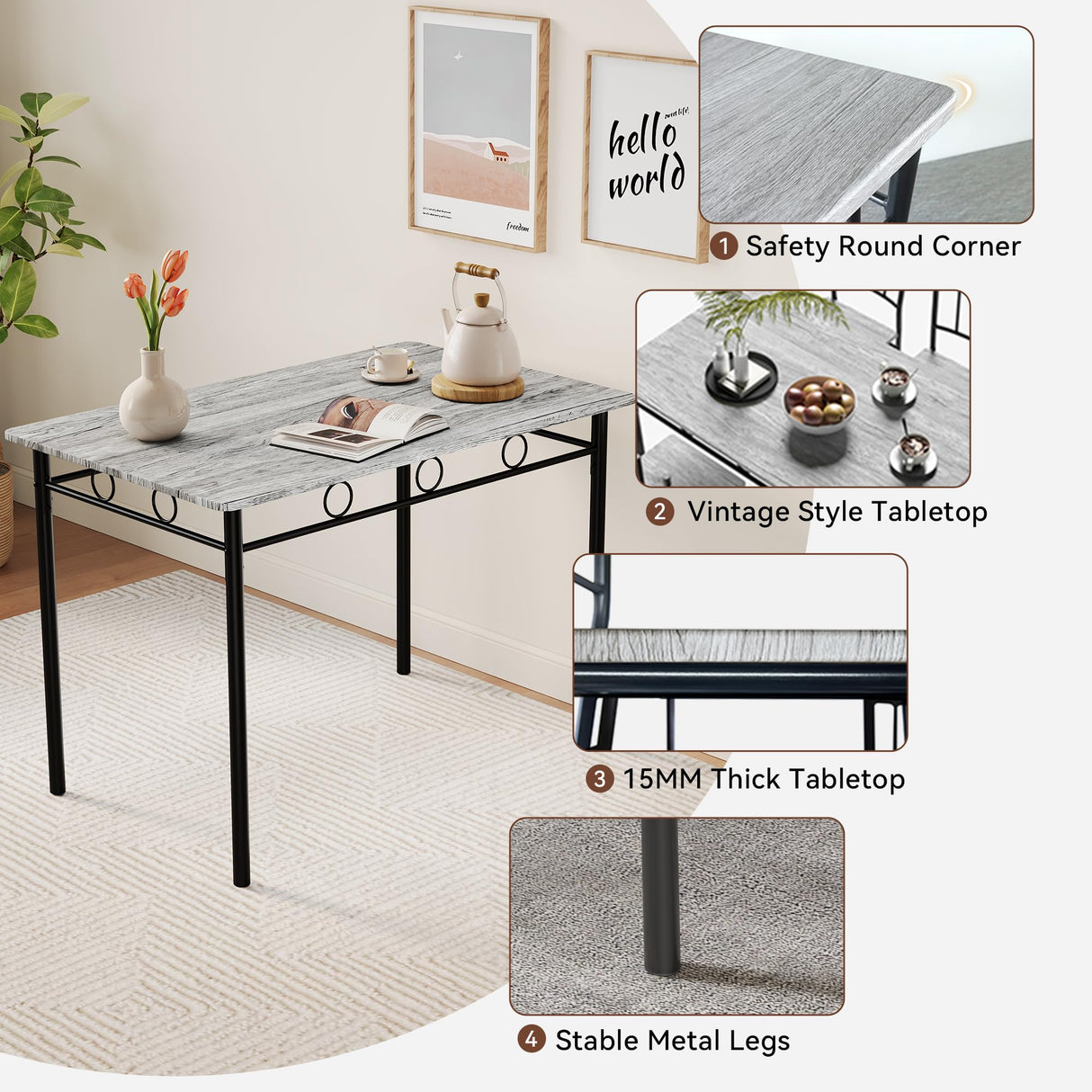 Vipbear Kitchen Dining Table Set for 4, 5-Piece Kitchen Table Set,Dining Room Table Sets,Rectangular Kitchen Table Set with 4 Chairs for Small Space, Dinette,Apartment,Rustic Grey Vipbear