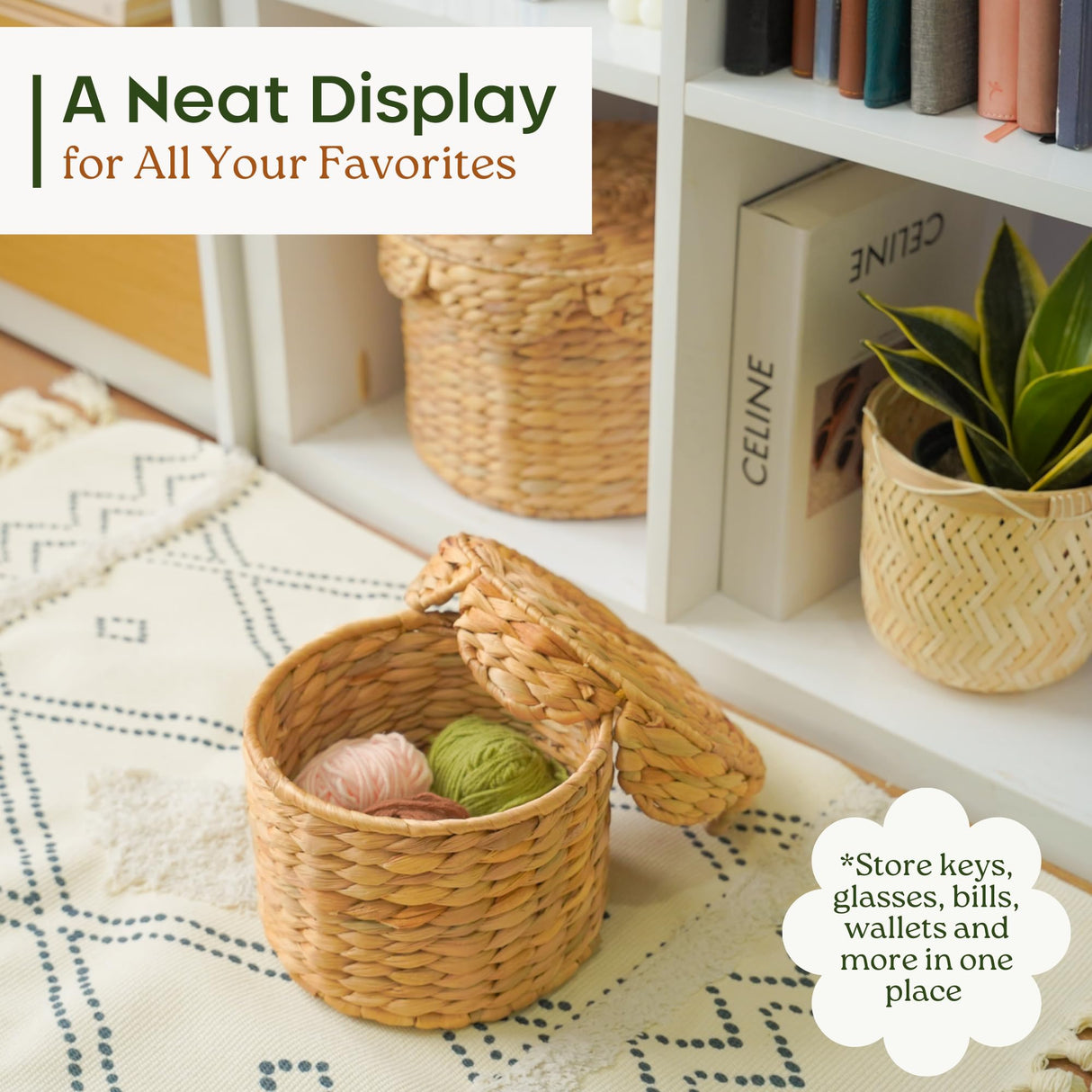 Chi An Home Scalloped Wicker Storage Baskets with Lid, Set of 2 Round Basket Decorative Boxes, Handwoven Hyacinth Baskets with Lids, Woven Storage Box for Home Organization Chi An Home