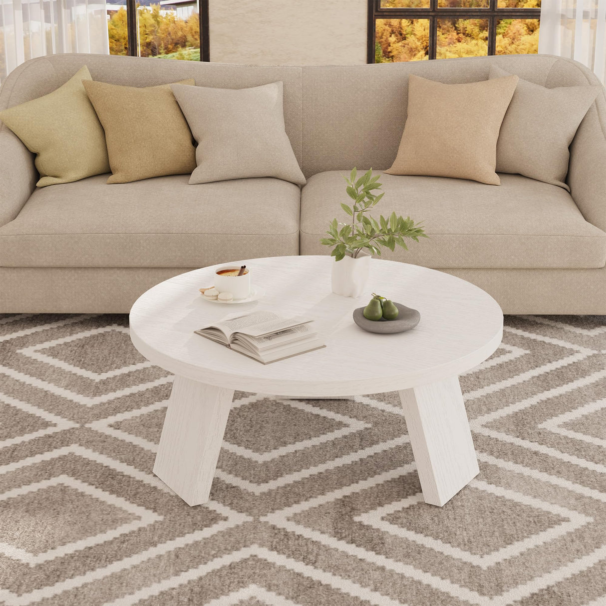 GarveeHome Round Coffee Table, Farmhouse Small Wooden Coffee Table with 3 Strong Legs, Easy Assembly, 33.5'' x 15.7'', White GarveeHome