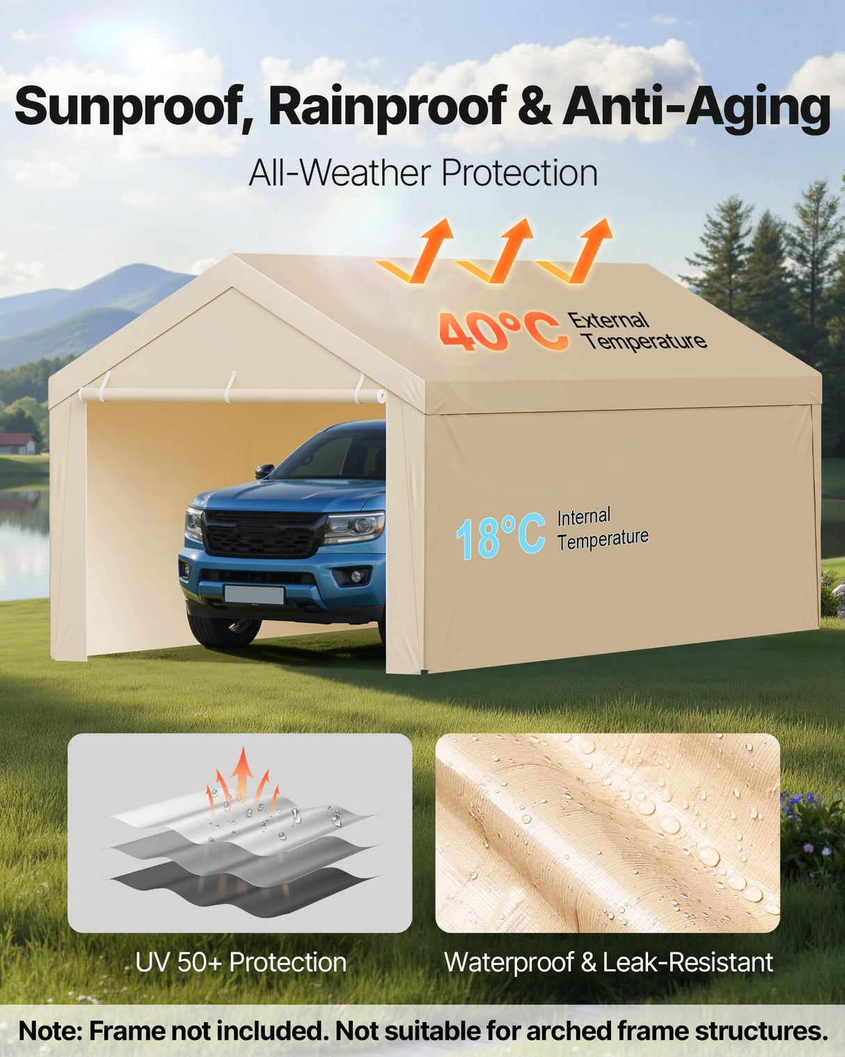 VEVOR Carport Replacement Canopy, 10 x 20 ft Potable Garage Tent Top Tarp with Sidewalls, UV-Resistant & Waterproof, Heavy Duty Car Shelter Tarp with Ball Buggees, Beige, Frame Not Included VEVOR