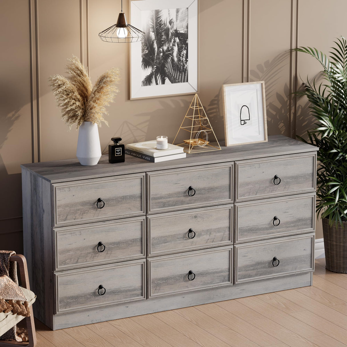 VVFLU 63”W Dresser for Bedroom Grey Dresser with 9 Wood Drawers, Dressers & Chests of Drawers with Smooth Metal Rail, Large Storage Dressers Organizer for Bedroom Living Room (Grey, 9 Drawer) VVFLU