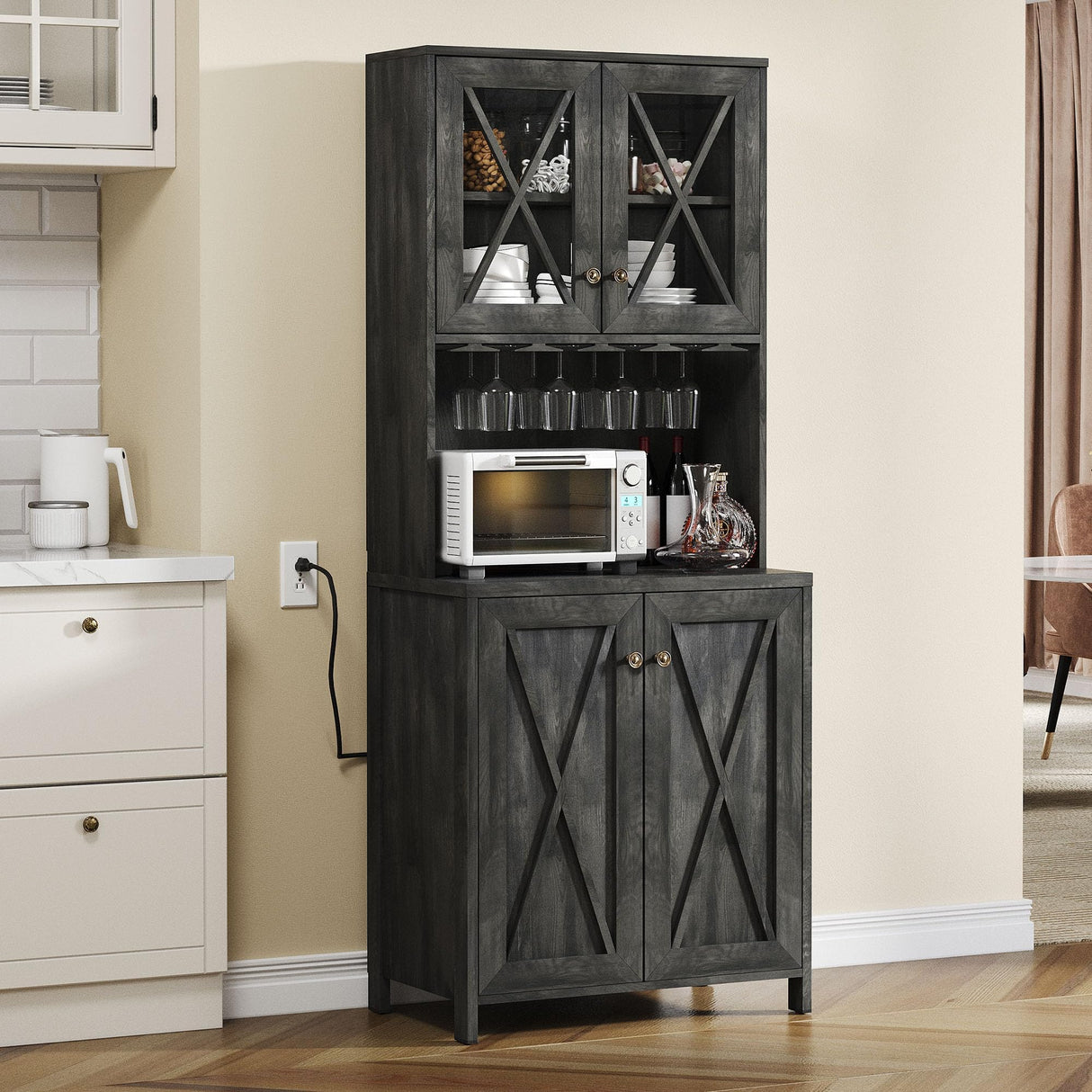DWVO Farmhouse Kitchen Pantry Cabinet, 67" Tall Storage Cabinet w/Acrylic Glass Doors and Glass Holder, Versatile Storage for Living Room, Dining Room or Hallway, Charcoal Grey DWVO