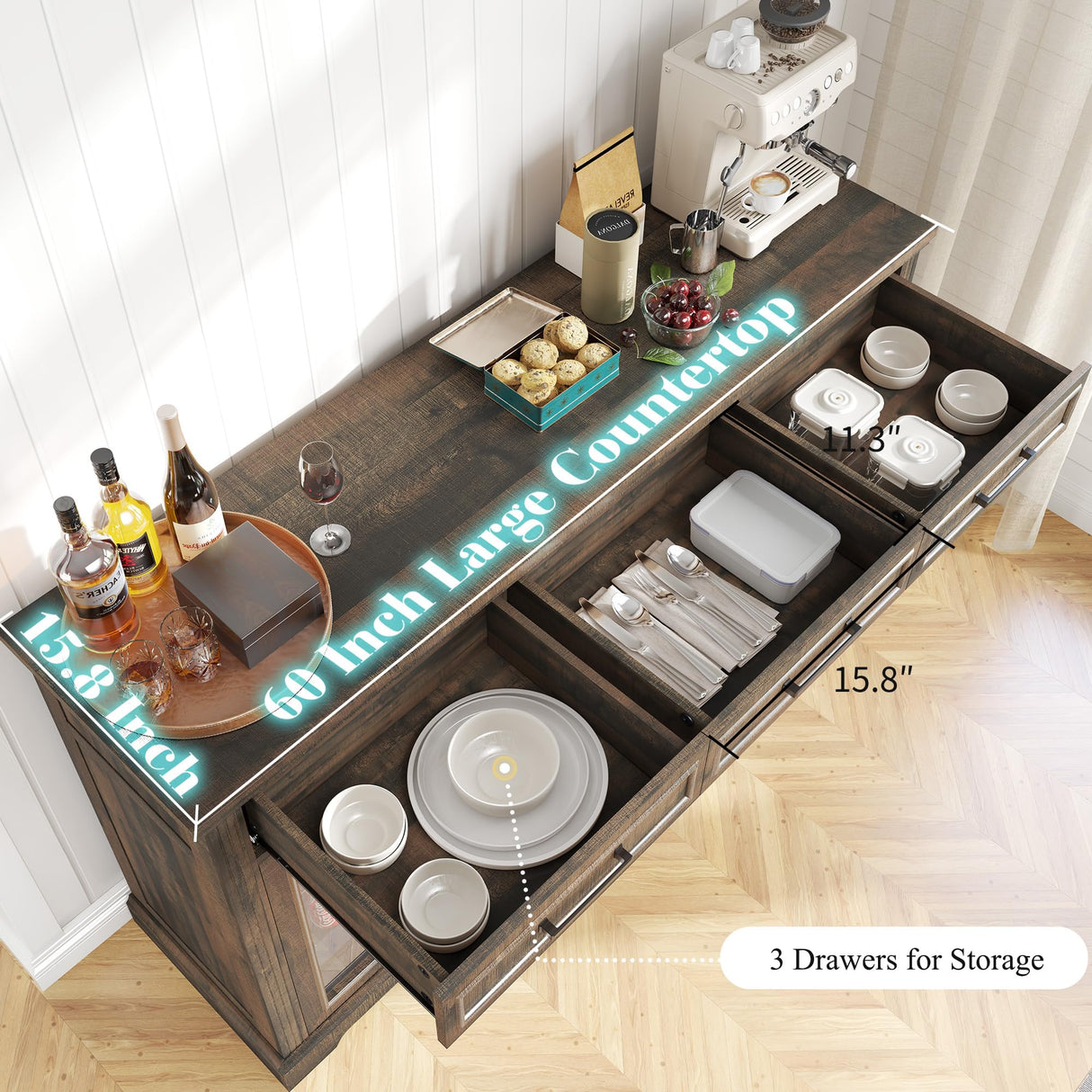 LUXOAK 60" Farmhouse Coffee Bar Cabinet with Beverage Fridge (Included), Wine Bar Cabinet with Drawer Storage, Mini Fridge Cabinet, Sideboard Cabinet for Dining Room, Living Room-Brown LUXOAK