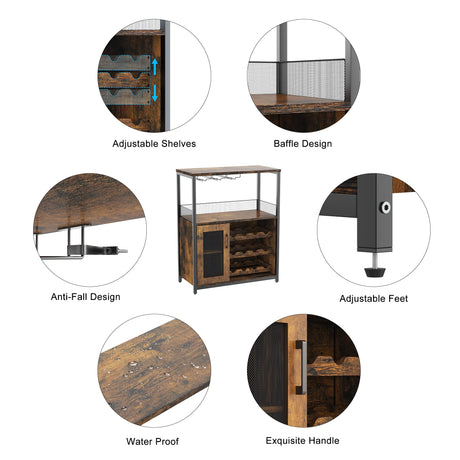 Amyove Wine Bar Rack Cabinet with Detachable Wine Rack, Bar Cabinet with Glass Holder, Small Sideboard and Buffet Cabinet with Mesh Door, Rustic Brown Amyove