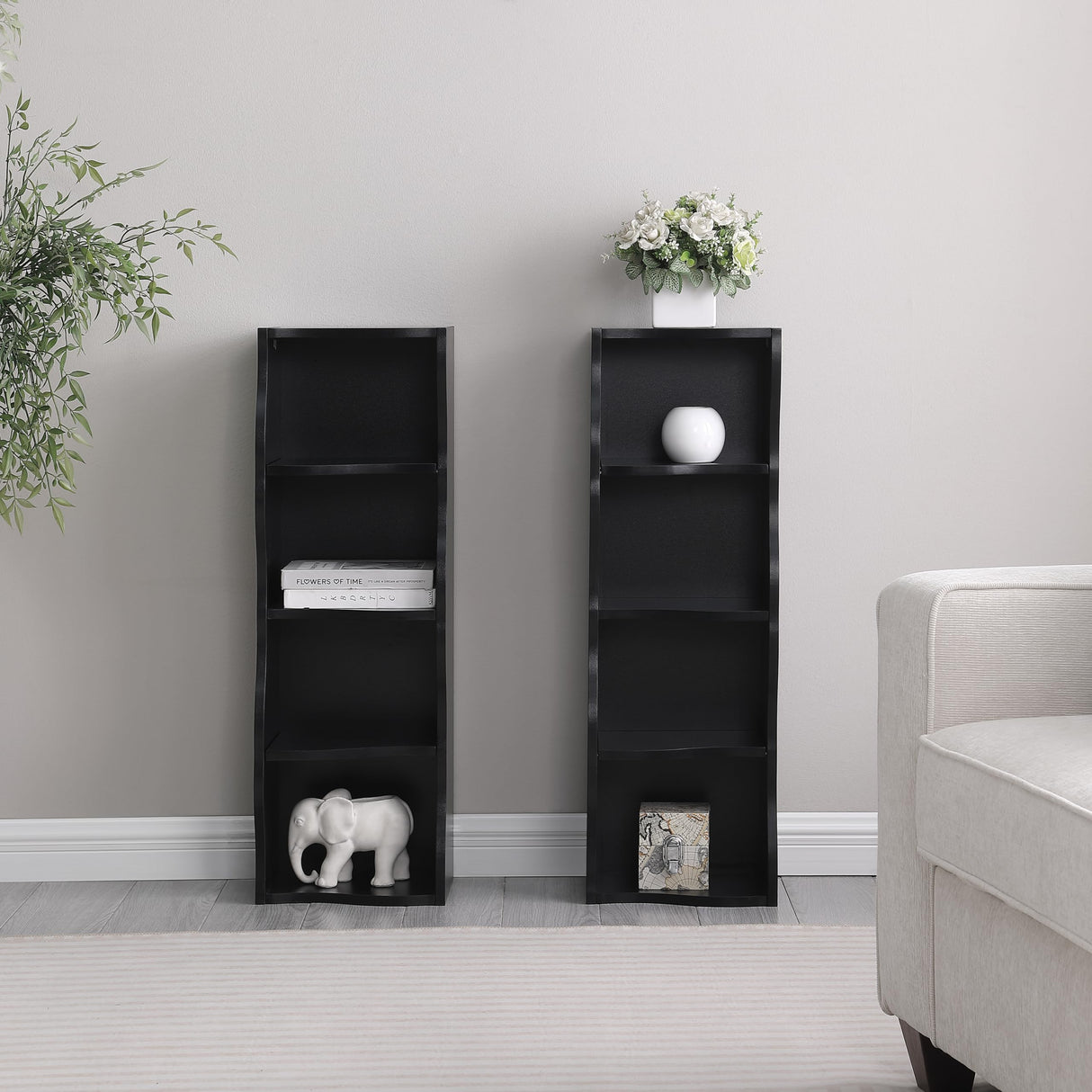 70.87'' Tall Bookshelf, 8 Tiers Bookshelves and Bookcases, Floor Standing Display Shelving with Wavy Border Design, Home Decor Furniture Adjustable Narrow Bookcase for Home Office, Black AOPNOMU