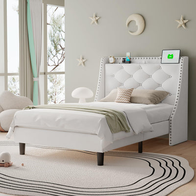 Einhomn Twin Size Bed Frame with Wingback Button Tufted Storage Headboard and Type AC Ports, Upholstered Platform Bed, Heavy Duty Slats Support, No Box Spring Needed, Easy Assembly, White