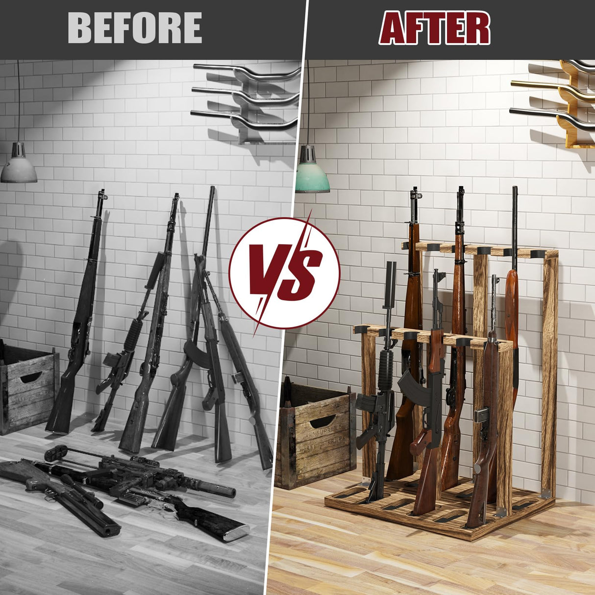 amoard Indoor Gun Racks, Wooden Free Standing Heavy Duty Shotgun Display Rack, Rifle Stand Organizer, 12 Rifles Storage Holder Wood Gun Rack (Carbonized Black) amoard