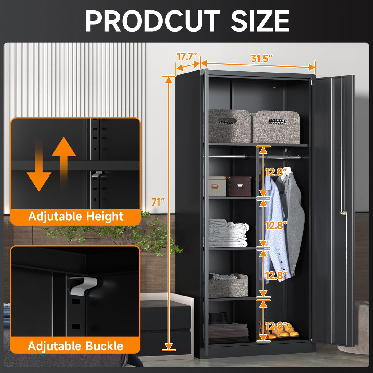 Coolsun Metal Wardrobe Closet with Locking Doors, 71" Steel Storage Cabinet for Hanging Clothes, Lockable Wardrobe Cabinet with Adjustable Shelves and Hanging Rods for Home Office,Gym Coolsun