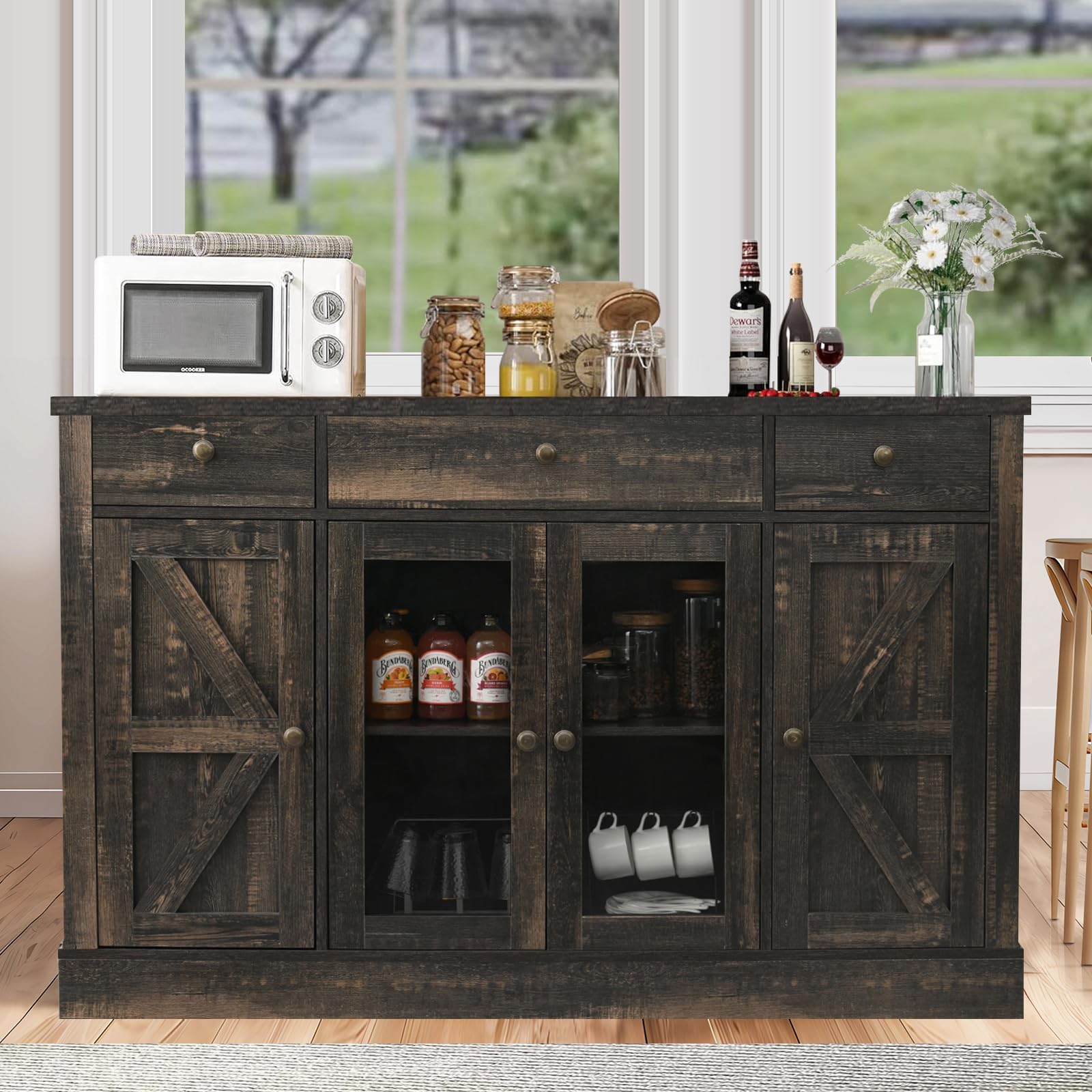 4 EVER WINNER Sideboard Buffet Cabinet with Storage, 55" Large Buffet Cabinet with Drawers Glass Doors Barn Doors, Farmhouse Coffee Bar Cabinet Wood Buffet Table for Kitchen, Dining Room, Rus - WoodArtSupply