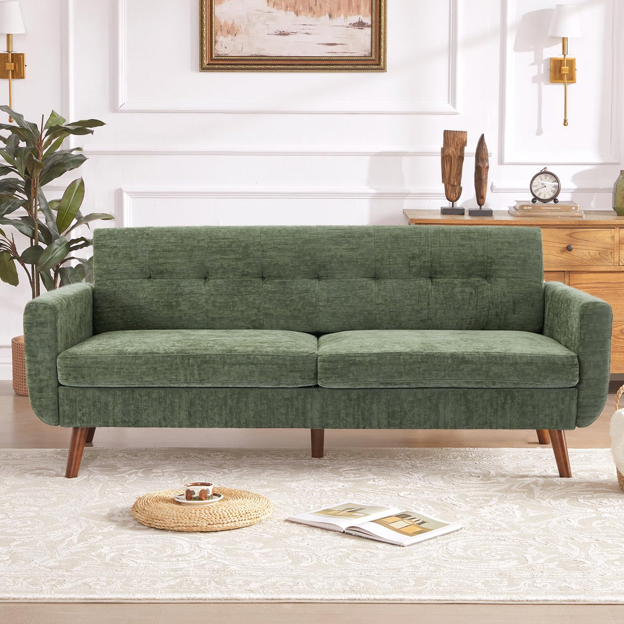Tbfit 77.2" W Linen Sofa Couch, Mid Century Modern Decor Loveseat Couches for Living Room, Button Tufted Upholstered Small Couch for Bedroom, Solid, and Easy to Install Love Seats Furniture, Green Tbfit