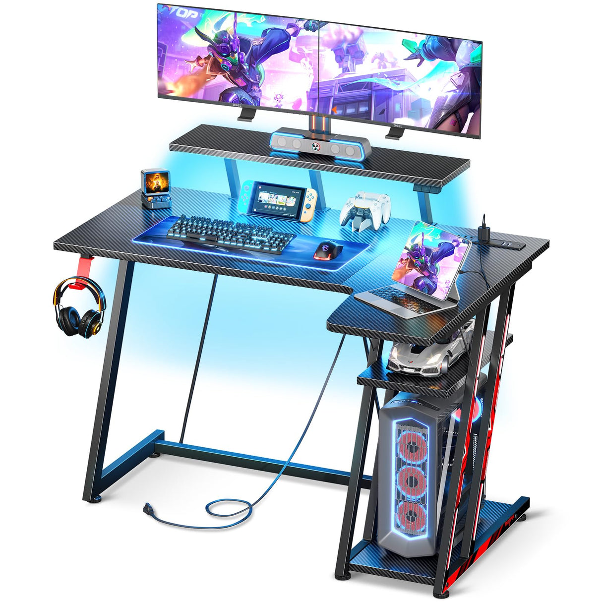 MOTPK Small Gaming Desk with LED Lights & Power Outlets, 39 Inch L Shaped Gaming Computer Desk with Storage Shelf, Gamer Desk with Monitor Stand, PC Gaming Table with Carbon Fiber Texture, Black MOTPK