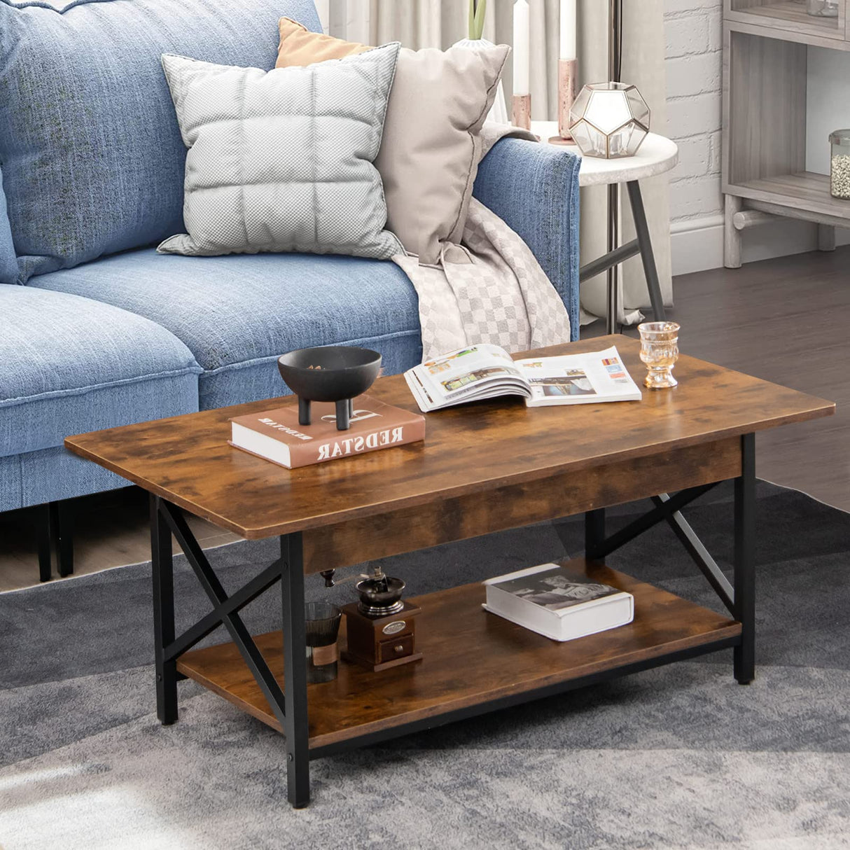 COSTWAY Industrial Coffee Table, 2-Tier Wood Cocktail Tea Table with Storage Shelf and X-Shape Steel Frame, Rectangle Sofa Side Accent Table for Living Room Home Office, Rustic Brown COSTWAY