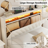 HIFIT Full Bed Frame with 2-Tier Storage Headboard & Hidden Storage, Velvet Upholstered Platform Bed Frame with 2 Drawers, Full Bed with Nailhead Headboard Built-in Charging Station & LED, Beige HIFIT