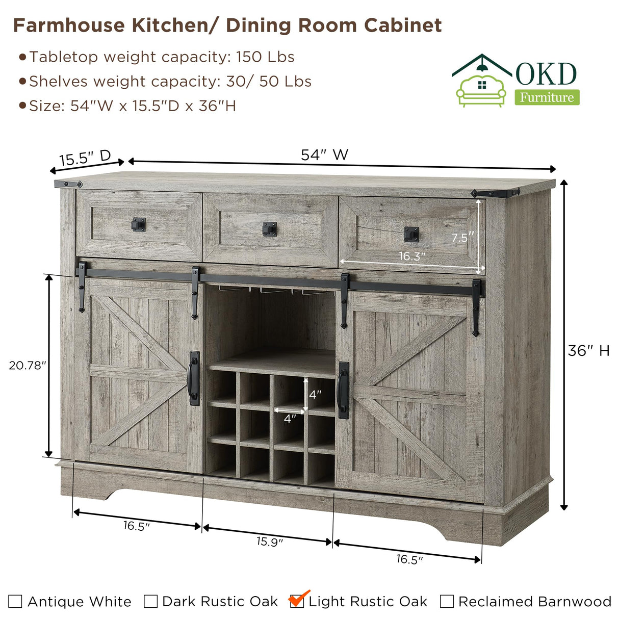 OKD Farmhouse Buffet Cabinet with Storage, 54" Kitchen Wine Bar Cabinet w/Wine & Glass Rack, Sliding Barn Door, 3 Drawers, Rustic Coffee Bar Cabinet, Light Rustic Oak OKD