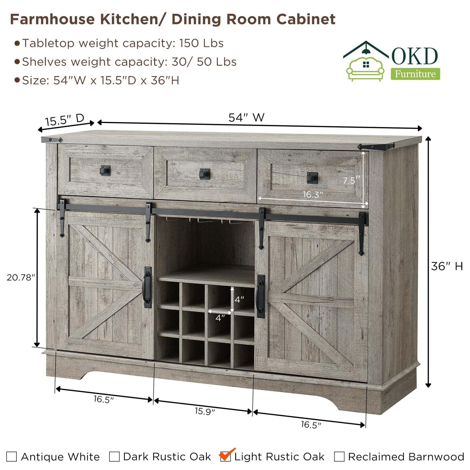 OKD Farmhouse Buffet Cabinet with Storage, 54" Kitchen Wine Bar Cabinet w/Wine & Glass Rack, Sliding Barn Door, 3 Drawers, Rustic Coffee Bar Cabinet, Light Rustic Oak - WoodArtSupply