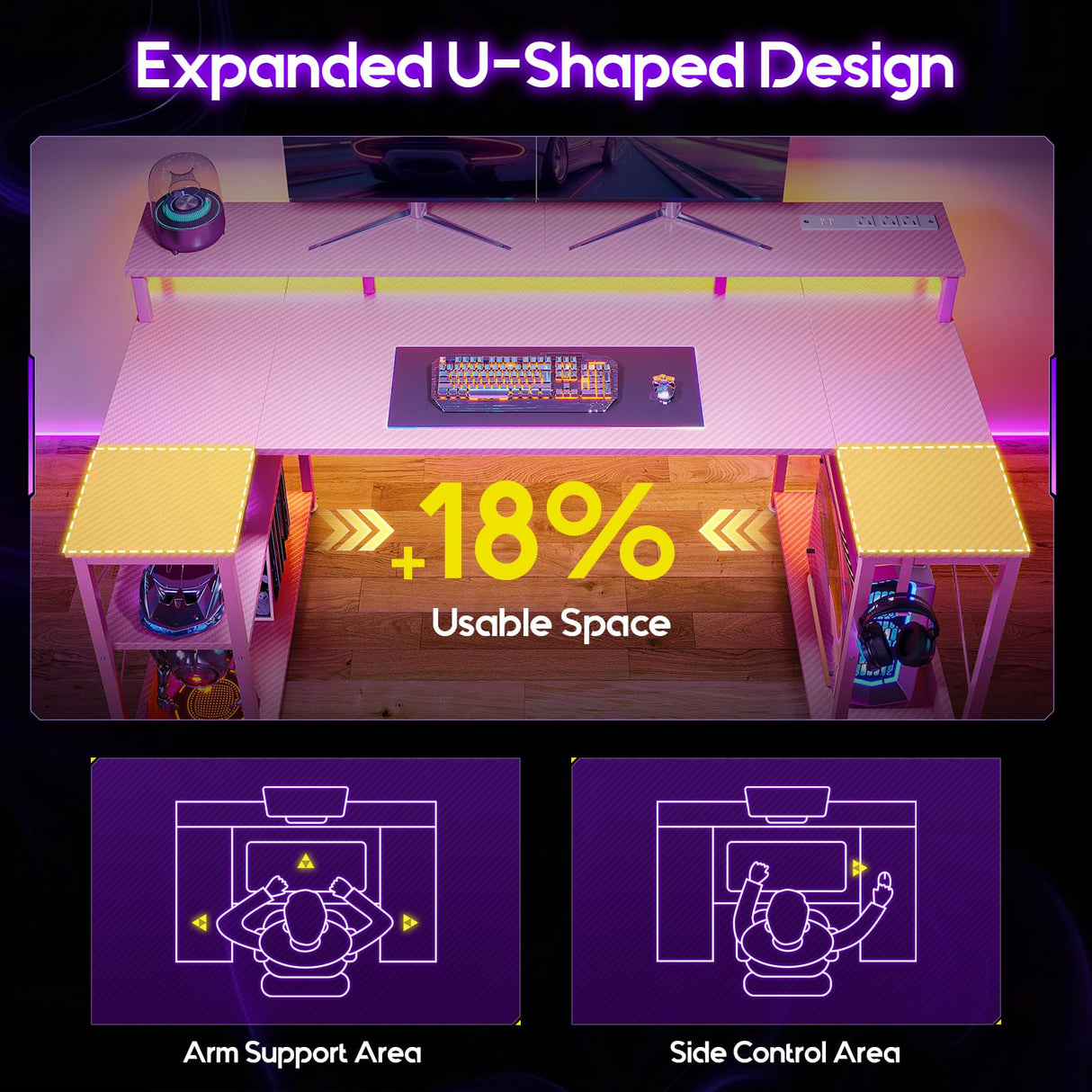 ODK 48 Inch Gaming Desk with LED Lights and Power Outlet, U-Shaped Computer Desk with Monitor Stand and Storage Shelves, PC Gamer Table for Home Office, Carbon Fiber Pink ODK