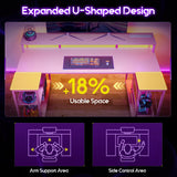 ODK 48 Inch Gaming Desk with LED Lights and Power Outlet, U-Shaped Computer Desk with Monitor Stand and Storage Shelves, PC Gamer Table for Home Office, Carbon Fiber Pink ODK