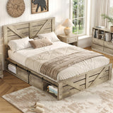 Maupvit Farmhouse Queen Size Bed Frame with Sliding Barn Door Storage Cabinets, Rustic Platform Bed Frame with Adjustable Thick Headboard, Sturdy Wood & Metal Frame, No Box Spring Needed, Noisy-Free Maupvit