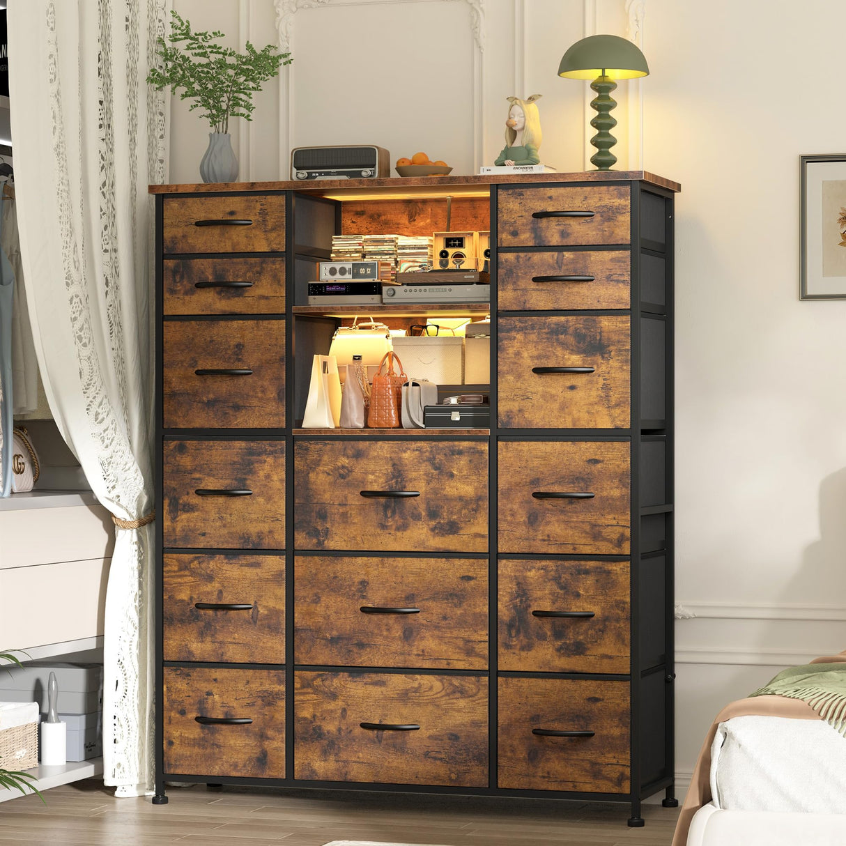 EnHomee 15 Drawer Dresser for Bedroom with Hutch 51" H Tall Dressers with Charging Station & LED Lights Sturdy Fabric Bedroom Dresser,Steel Frame, Wood Top, Rustic Brown, 51.2" H x 39.3" W x 11.8" D EnHomee