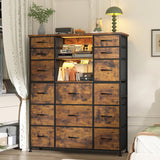 EnHomee 15 Drawer Dresser for Bedroom with Hutch 51" H Tall Dressers with Charging Station & LED Lights Sturdy Fabric Bedroom Dresser,Steel Frame, Wood Top, Rustic Brown, 51.2" H x 39.3" W x 11.8" D EnHomee
