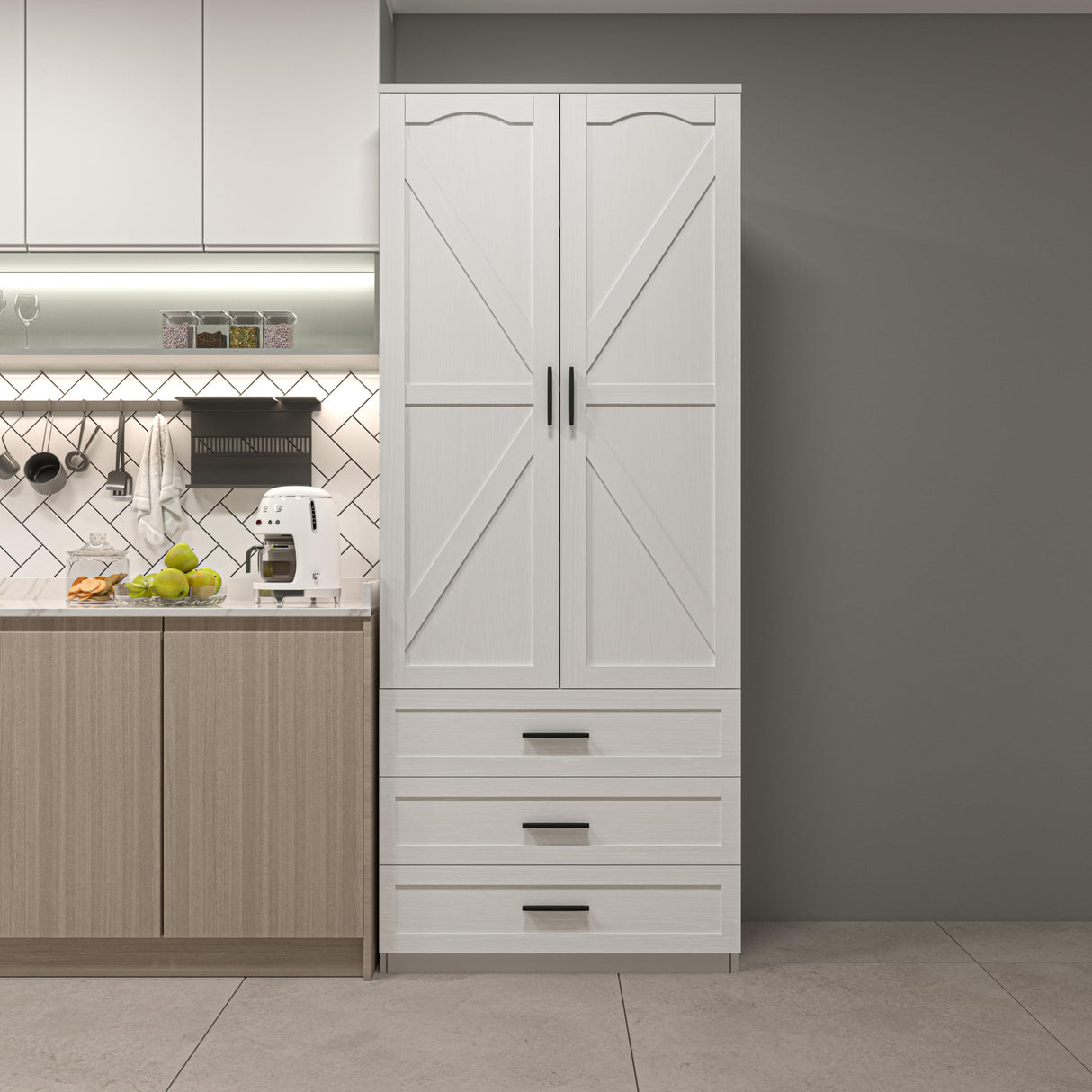 FJTJBSI 72" LED Kitchen Pantry Cabinet with 3 Drawers Farmhouse Tall Storage Cabinet Wood Food Pantry with Barn Doors and Adjustable Shelves Versatile Storage Freestanding Cupboard for Kitchen FJTJBSI