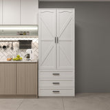 FJTJBSI 72" LED Kitchen Pantry Cabinet with 3 Drawers Farmhouse Tall Storage Cabinet Wood Food Pantry with Barn Doors and Adjustable Shelves Versatile Storage Freestanding Cupboard for Kitchen FJTJBSI