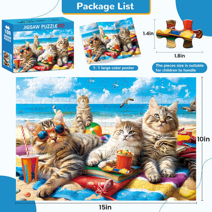 100 Piece Puzzles for Kids Ages 4-8, Beach Cat Puzzles Kids Puzzles Ages 4-6 6-8 8-10 Jigsaw Puzzles Floor Puzzles Children Educational Puzzle Toys Birthday Gift for Boys and Girls