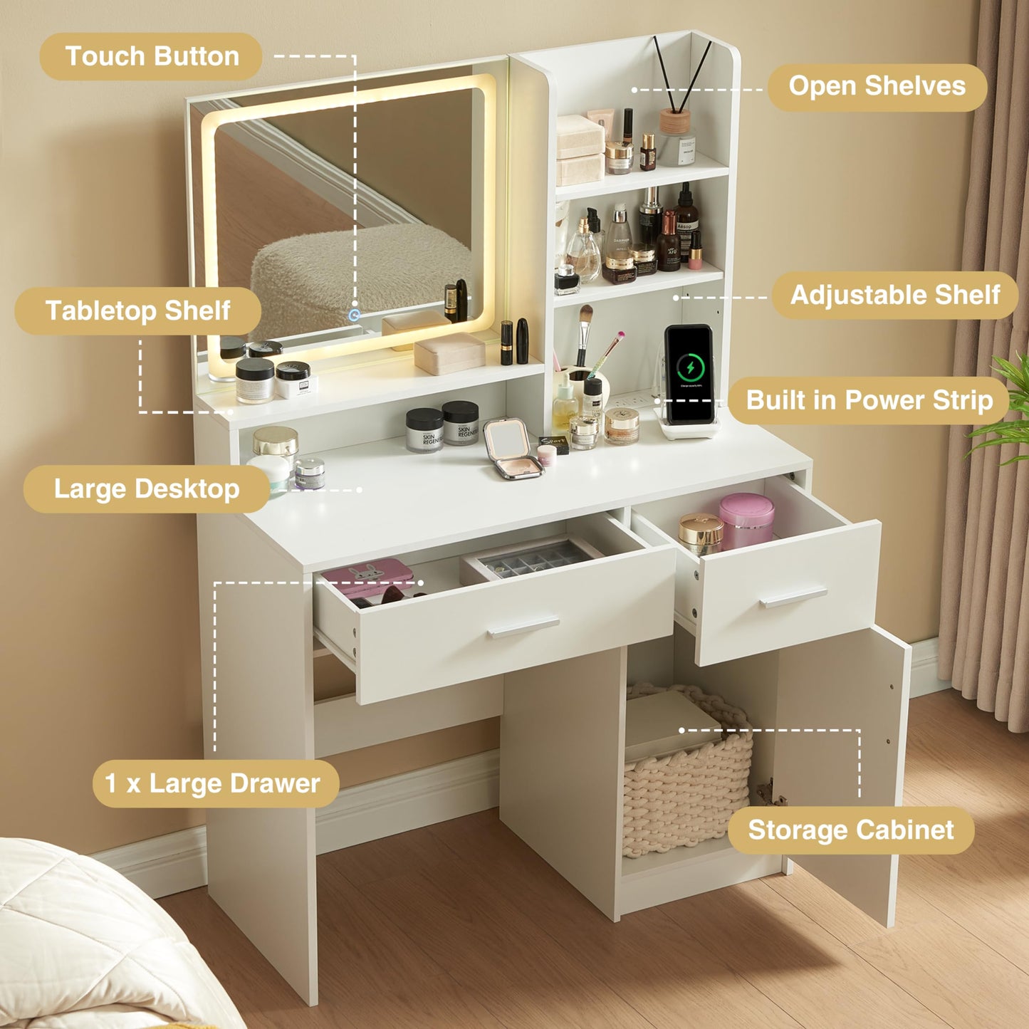 Alaxgumrol Makeup Vanity Desk with Mirror and Lights, Vanity Table with Drawers, Dressing Table with 3 Color Lighting Modes, 2 USB Socket, Storage Cabinet, Small Cheap Vanity for Bedroom, White