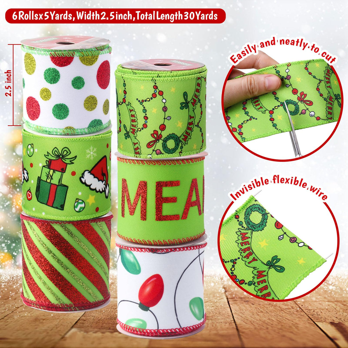 Tsorode Christmas Ribbon Wired 2.5 inch,6 Rolls 30 Yards Red and Green Christmas Ribbon for Tree/Bow/Wreath Supplies,Wired Ribbons Crafts Xmas Decorations Tsorode
