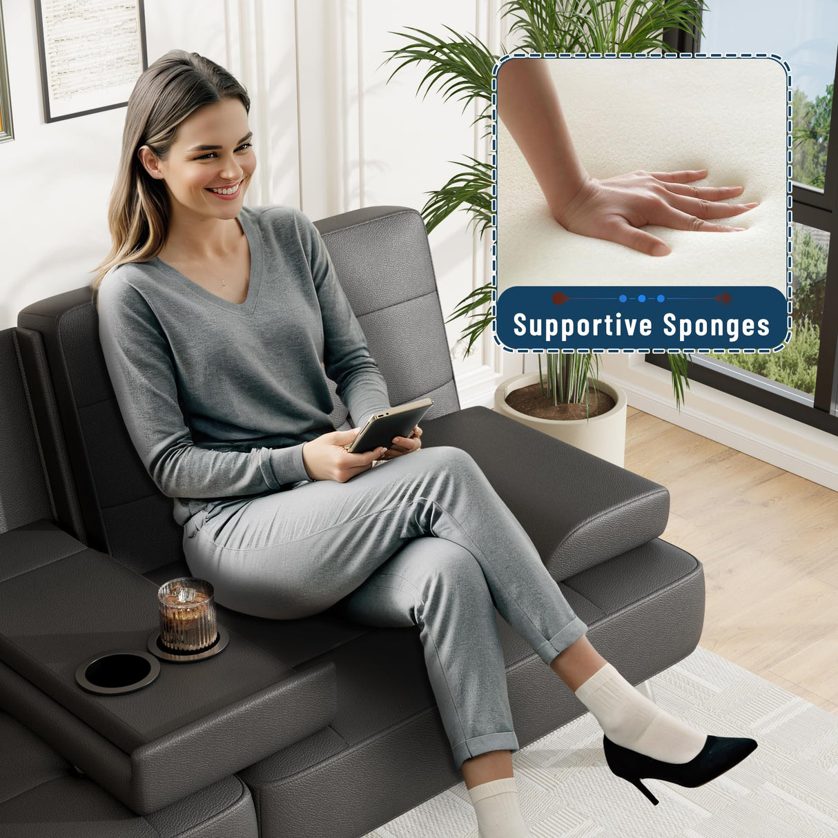 Furmax Futon Sofa Bed Adjustable Futon Couch Sleeper Sofa Bed for Living Room, Business Office, Recliner Sofa with Cup Holders (PU Leather, Black) Furmax