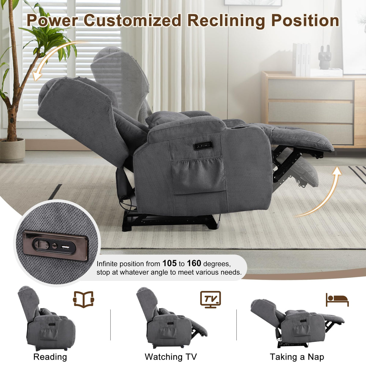 DRMBOOK Power Recliner Chair, Electric Wall Hugger Reclining Sofa with Massage & Heat, Overstuffed Theater Seating with LED/USB Port/Cup Holders for Living Room (Linen Grey, 1 Chair with Console) DRMBOOK
