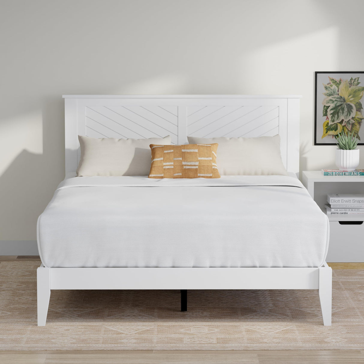 Serene Farmhouse Style Wood Bed Frame in Queen Size with Chevron Scoring Headboard, Coastal Modern Design, Sturdy, Easy Assembly, Ample Underbed Storage, White Finish ComfIQ